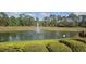 Scenic pond with a water fountain, surrounded by lush landscaping and mature trees at 8500 Palm Harbour Dr, Kissimmee, FL 34747