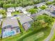 Aerial view showcasing a home with screened pool and landscaping on a manicured lawn at 10176 Hart Branch Cir, Orlando, FL 32832