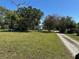 Property view showing a sprawling green lawn, bordered by mature trees and distant structures under a bright, clear sky at 1933 Bayview Dr, New Smyrna Beach, FL 32168