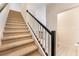 Carpeted staircase with a white banister and black handrail leads to the upper level at 2962 Firebush Way, Clermont, FL 34711
