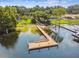 Aerial shot of a wooden dock on a picturesque lakefront property with lush trees and inviting recreational amenities at 4174 Fallwood Cir, Orlando, FL 32812