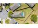 Aerial shot of the home highlighting the fenced backyard, screened pool, and mature landscaping at 654 Chadbury Way, Kissimmee, FL 34744