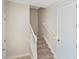 Carpeted staircase with white railing leads to the upper level of the home at 14040 Helsby St, Orlando, FL 32832