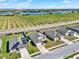 Striking aerial view showcasing modern homes near a meticulously arranged orchard, with a tranquil lake visible in the backdrop at 1579 Swan Lake Cir, Dundee, FL 33838