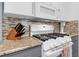 Close-up of kitchen appliances, featuring a gas range and stylish tile backsplash at 33215 Kaylee Way, Leesburg, FL 34788