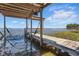 View of a covered private wooden dock on the water, offering serene views and recreational opportunities at 9900 W Lake Marion Rd, Haines City, FL 33844