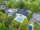 Aerial view showcasing a house with a swimming pool, lush landscaping, and neighborhood setting at 1136 W Harvard St, Orlando, FL 32804