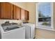 Functional laundry area with a modern washer and dryer, storage cabinets, and a bright window at 4240 Lake Harney Cir, Geneva, FL 32732