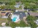 Aerial view of a home showcasing a backyard with a fenced pool and patio area at 8720 Larwin Ln, Orlando, FL 32817