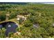 Expansive aerial view of a property featuring a pond, gazebo, and lush greenery, showcasing its serene setting at 11450 Nellie Oaks Bnd, Clermont, FL 34711