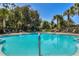 Community pool featuring crystal clear water, lounge chairs, black metal safety fence, and lush green landscaping at 4918 Oakway Dr, St Cloud, FL 34771