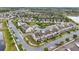 Aerial view of neighborhood featuring community pool, sidewalks, green spaces, pond, and various home elevations at 5892 Soter Ln, Windermere, FL 34786