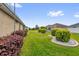 Large backyard with lush green grass, manicured bushes, and decorative rock landscaping at 8602 Se 133Rd Ln, Summerfield, FL 34491
