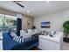 Bright living room with blue and white furniture, large sliding glass doors and a mounted television at 8892 Bengal Ct, Kissimmee, FL 34747