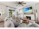Well-lit living room with fireplace, lots of windows, hardwood floors and comfortable furniture at 903 Sydney St, Davenport, FL 33837