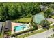 Aerial view of community pool and tennis courts surrounded by lush greenery, offering resort-style living at 321 Moffat Loop, Oviedo, FL 32765