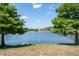 Scenic lake view framed by mature trees, offering a glimpse of homes across the tranquil water at 1969 Portofino Meadows Blvd, Orlando, FL 32824