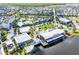 A high angle showcasing a lakefront restaurant and community center near many homes in the neighborhood at 8896 Reymont St, Orlando, FL 32827