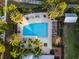 Overhead shot of community pool surrounded by palm trees, lounge chairs and shaded seating areas at 1457 Resolute St, Celebration, FL 34747