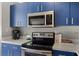 Close up of kitchen featuring stainless steel appliances and blue cabinets at 5201 Lake Marion Golf Resort # 5201, Kissimmee, FL 34759