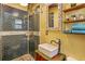 Modern bathroom featuring stylish tile shower, decorative mirror, and vessel sink on painted wooden cabinet at 1010 N Clayton St, Mount Dora, FL 32757