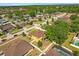 An aerial shot of a neighborhood with well-kept lawns, mature trees, and a community pool at 10820 Wyandotte Dr, Clermont, FL 34711