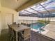 Inviting backyard features a covered patio, a dining table and fenced pool for privacy at 2412 Tanger Dr, Kissimmee, FL 34747