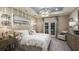 Luxurious primary bedroom with a tray ceiling, chandelier, and access to a private balcony at 4716 Coral Harbour Rd, Kissimmee, FL 34758