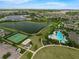 An aerial view showcasing the community amenities including a pool, tennis courts, and serene lakes at 10151 Salt Point Dr, Winter Garden, FL 34787