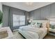 Bedroom with modern gray wall paneling, accent lamps, and plush bedding at 1188 Challenge Dr, Davenport, FL 33896