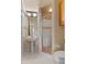 Bathroom featuring a pedestal sink and a glass-enclosed shower at 1417 Olympia Ave, Mount Dora, FL 32757