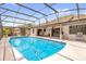 Large screened-in pool area featuring overhead lighting, outdoor seating, and a lush green yard at 1558 Regal Oak Dr, Kissimmee, FL 34744