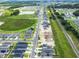 Aerial view of a community with homes, ponds, green spaces, and access to a railroad at 5535 Maddie Dr, Haines City, FL 33844