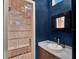 Stylish bathroom featuring a blue accent wall, patterned glass shower, and vessel sink at 6137 Grosvenor Shore Dr, Windermere, FL 34786