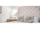 Bedroom with a tufted headboard and a wooden night stand with decorative pieces at 1 W Village Dr, Oviedo, FL 32765