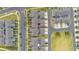 Overhead view of the neighborhood's townhomes featuring a highlighted home with neighboring streets and manicured lawns at 10684 Words Dr, Winter Garden, FL 34787