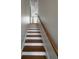 A white staircase with hardwood steps features a wooden handrail and leads to the upper level at 1554 Corolla Ct, Reunion, FL 34747