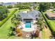 Aerial view of a home's backyard oasis with a sparkling pool, lush greenery, and patio furniture at 3640 Crump Rd, Winter Haven, FL 33881