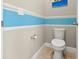 Bright powder room with blue accents, a modern toilet, and clean design for a refreshing space at 645 American Holly Pl, Oviedo, FL 32765
