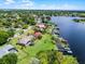 Aerial view of lakefront property with private docks, lush landscaping, and serene water views at 13638 Sunset Lakes Cir, Winter Garden, FL 34787