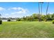 Expansive backyard with lush green grass, trees, lake view and a private boat dock at 13638 Sunset Lakes Cir, Winter Garden, FL 34787