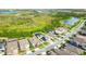 Aerial view of a home with solar panels next to a greenbelt and lake at 13202 Spring Grove Way, Winter Garden, FL 34787