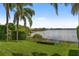 Backyard view with lush green grass, palm trees, decorative landscaping, and a beautiful lake view on a bright day at 8161 Via Rosa, Orlando, FL 32836