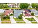 An aerial view shows several houses with well manicured lawns and access to canals at 5813 Parkview Point Dr, Orlando, FL 32821