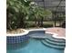 Screened pool with lush tropical landscaping and blue tiled trim at 2108 Northumbria Dr, Sanford, FL 32771