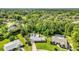 Expansive aerial view showcases lush, green neighborhood with a home that includes solar panels and an in-ground pool nearby at 381 Red Mulberry Ct, Longwood, FL 32779