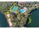 Lakeside community aerial view featuring a pool, tennis and basketball courts, with lush green spaces and trees at 5044 Wise Bird Dr, Windermere, FL 34786