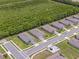 Aerial view of several homes in a neighborhood bordered by a row of trees and a road at 1511 Lyonsdale Ln, Sanford, FL 32771