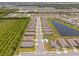 Aerial view featuring a row of homes along a street with a pond and green space at 1511 Lyonsdale Ln, Sanford, FL 32771