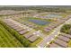 Wide aerial shot of a residential community featuring ponds, green spaces, and well-kept streets at 1511 Lyonsdale Ln, Sanford, FL 32771